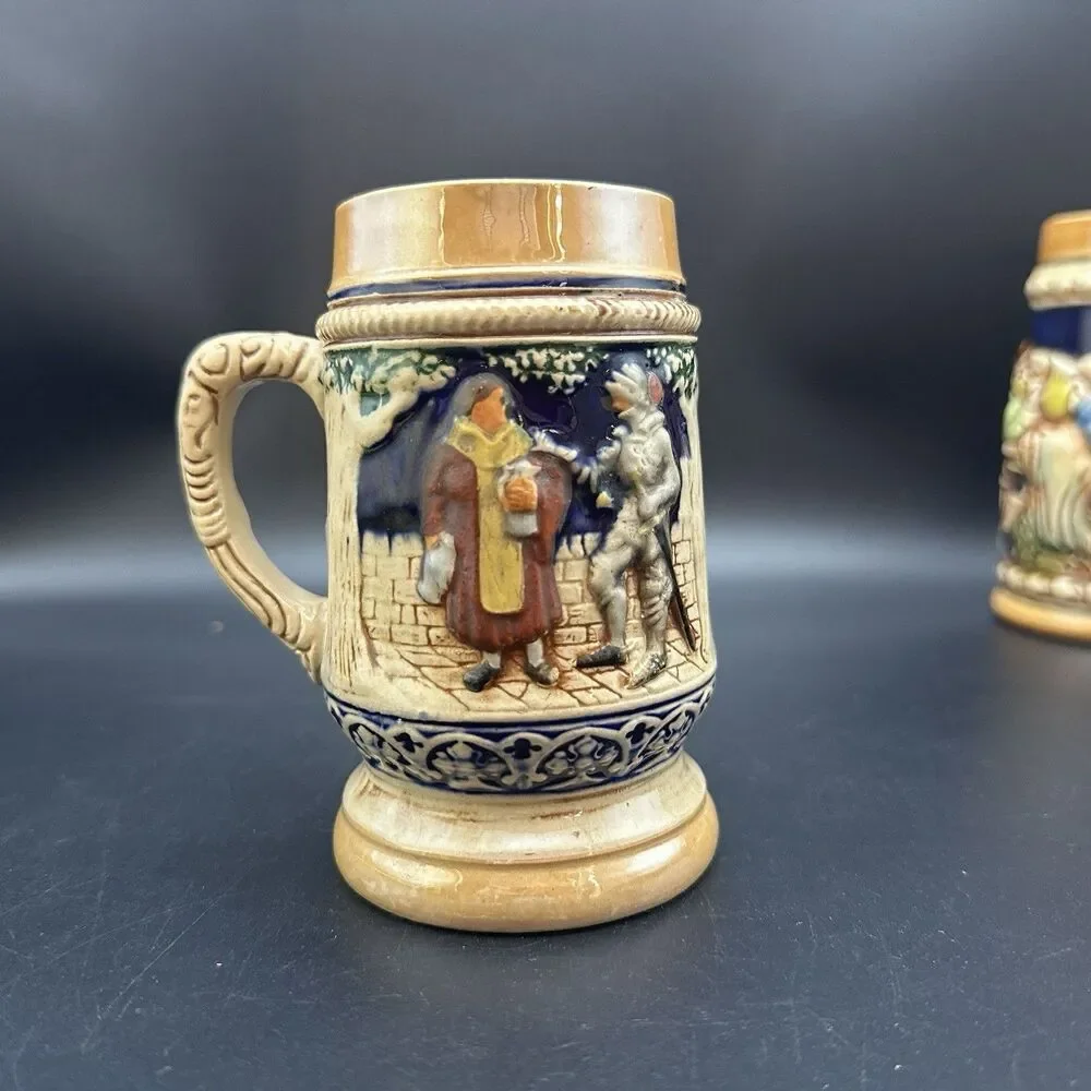 Vintage Mini Beer Steins Set of 3 Bavarian Tavern Monks Relief Ceramic Barware
